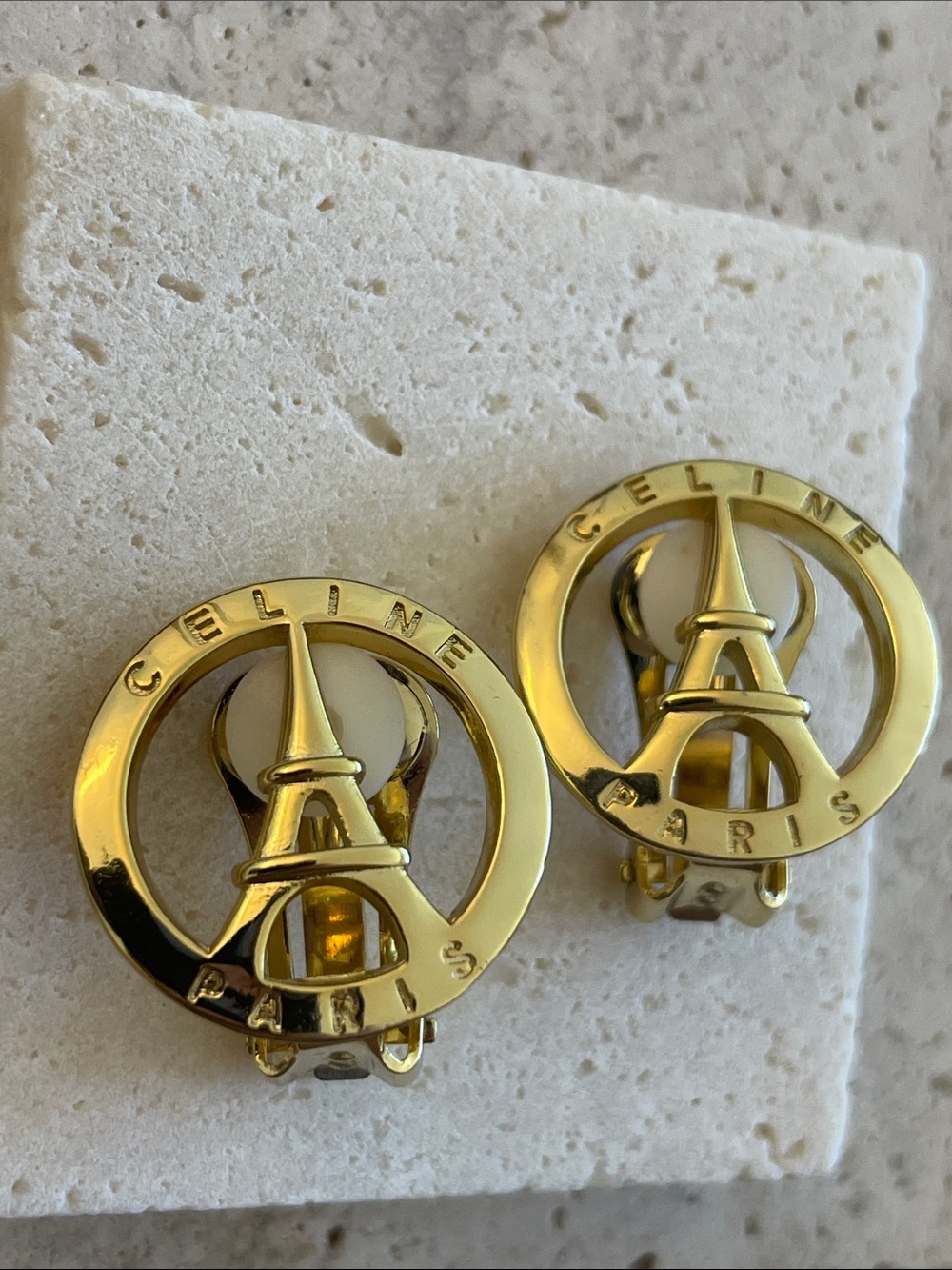 Celine Gold-tone Eiffel Tower Clip-On Earrings with Cream Accents - Picture 2 of 6
